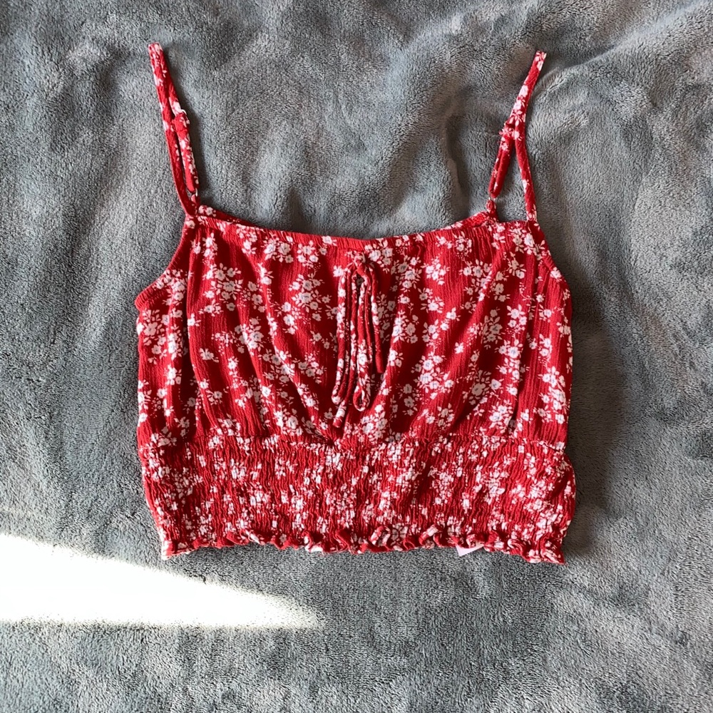 Cropped Red with White Flower Detailing Ruched Top